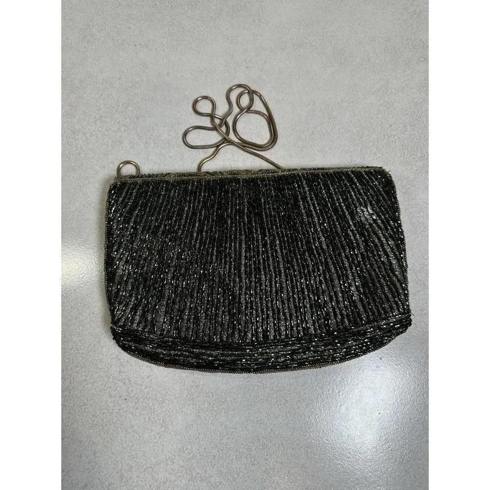 9.5x6.5 Beaded Evening Clutch Art Deco Style Gold Black Shoulder Bag - Picture 2 of 6